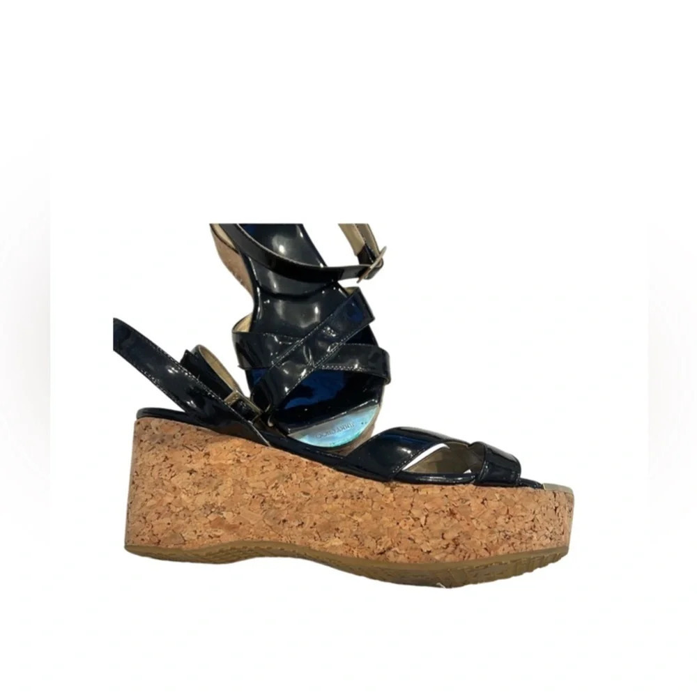 Jimmy Choo Black Patent Leather Cork Wedge Platform Ankle Strap Sandal - Picture 3 of 10